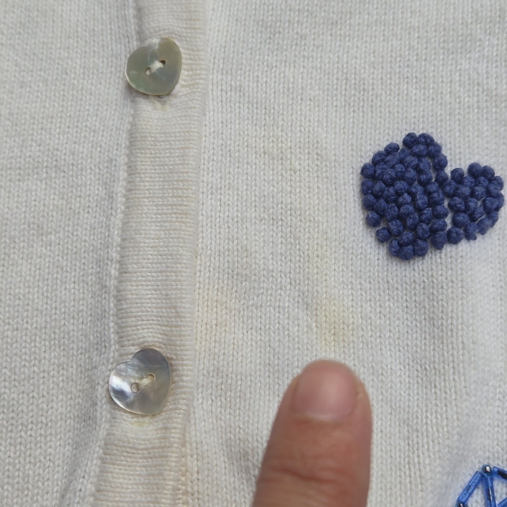 Women Heart Print Cardigan Sweater Light Gray Blue Hearts Button Front Knit M - Picture 5 of 11